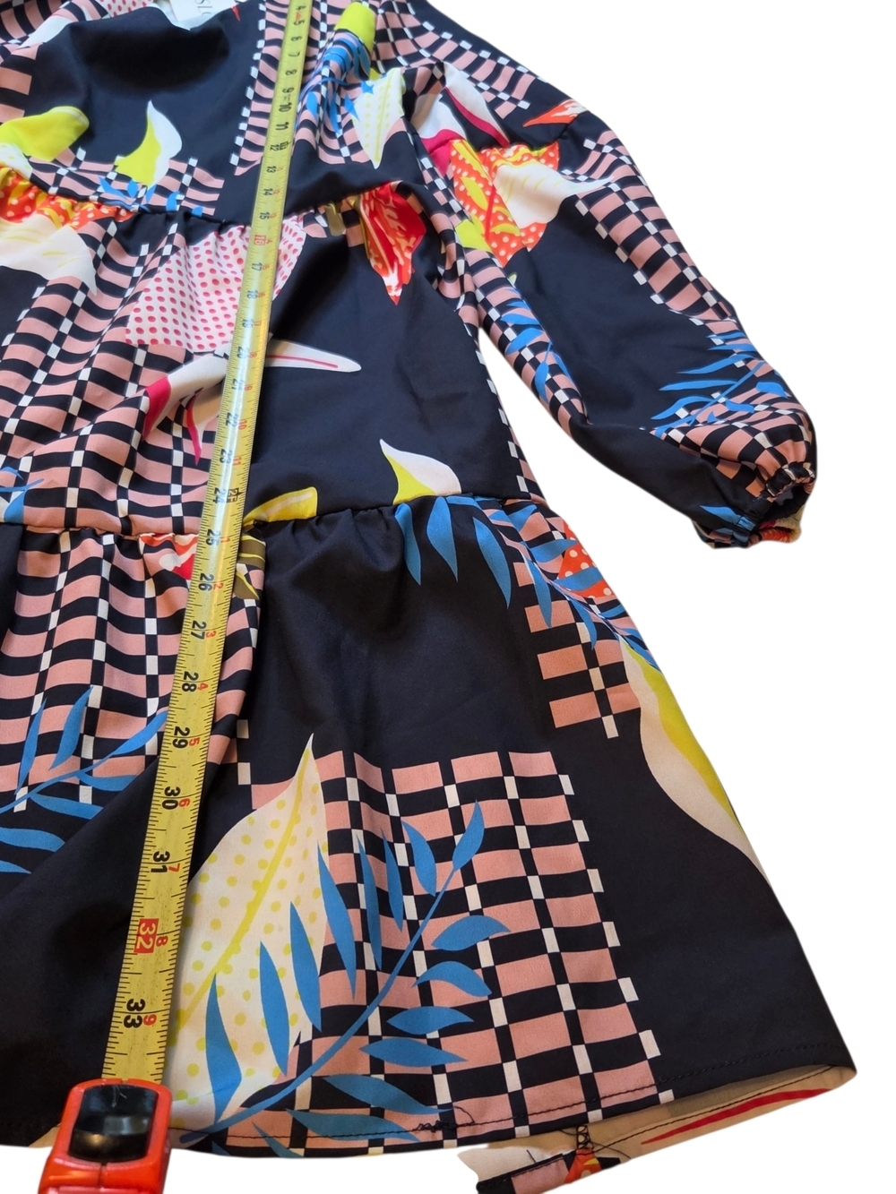 V-Neck Black Multi-Color Printed Tiered Dress - Picture 9 of 10
